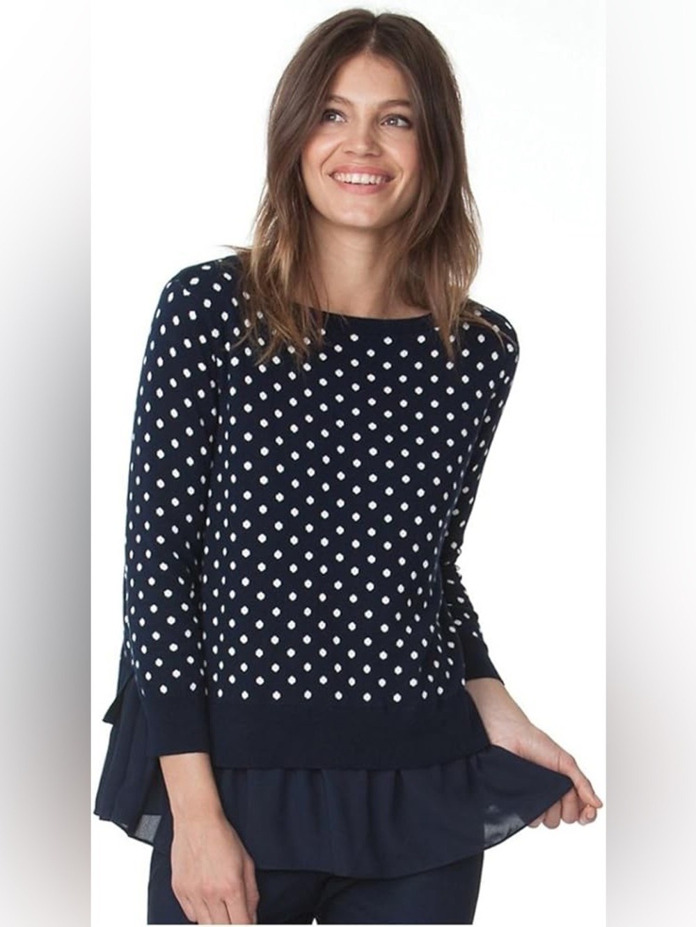 Chaps Women's Boat Neck Polka-Dot Top, Capri Navy Plus 1X Layered Chiffon Hem